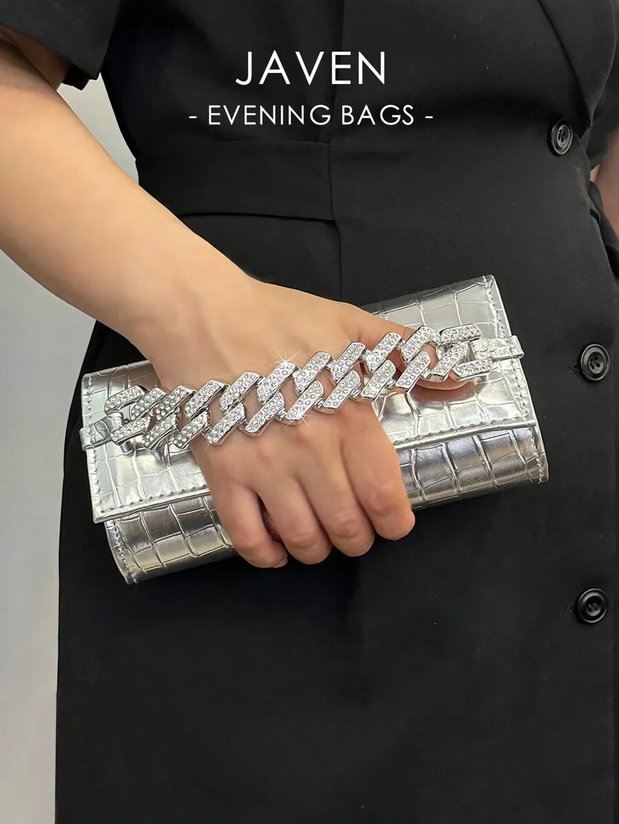 

Silver Croc-Embossed PU Clutch with Rhinestone Chain Handle for Evening Events