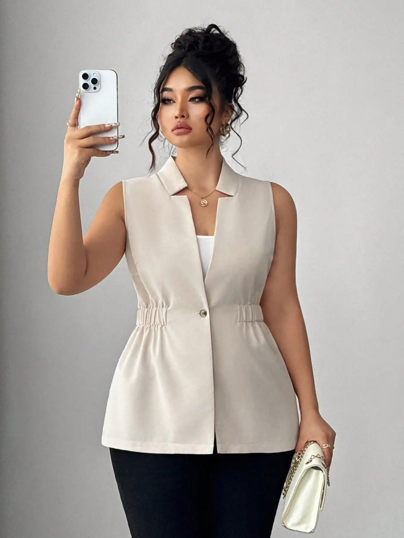 

Женский жилет-блейзер Elenzga больших размеров без рукавов с оборками на талии, элегантный для офиса и повседневной носки