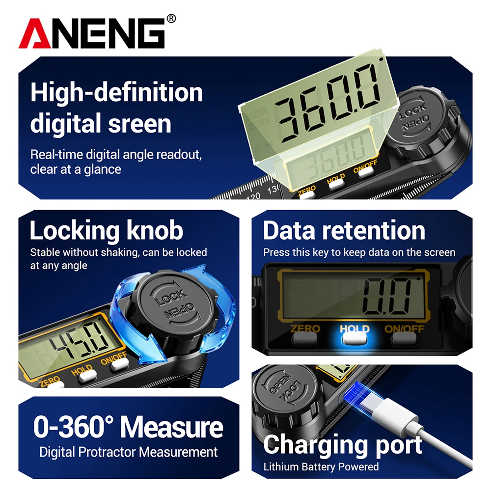 ANENG Hochpräzisions-360 ° Digitaler LCD-Winkelmesser, Winkelfinder, Holzbearbeitungswerkzeuge für Rauminspektion und -messung – Detail 28