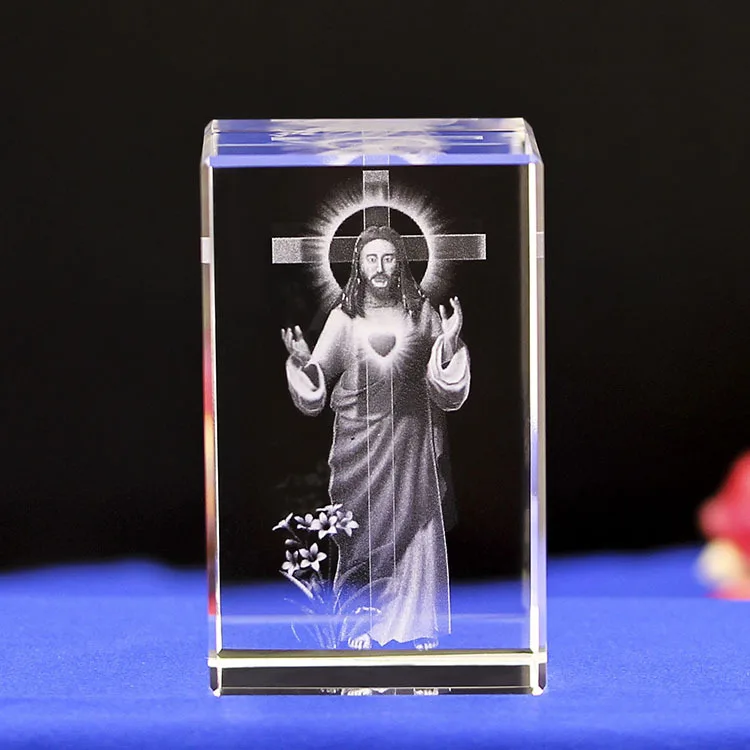 3D Virgin Mary Jesus Statue Laser Engrave Crystal Ornaments Cross Figurine Christianity Catholicism Home Altar Religious Decor