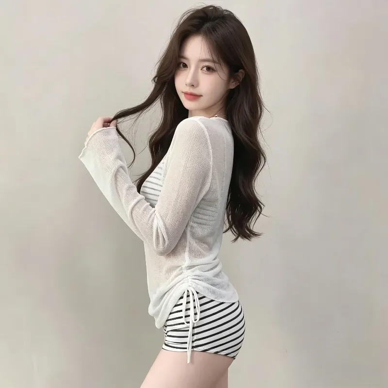 Women's Set Black White Stripe Camisole & Shorts White Sheer Side Drawstring Flare Long Sleeve Cover Up Summer Beach Swimwear view 5
