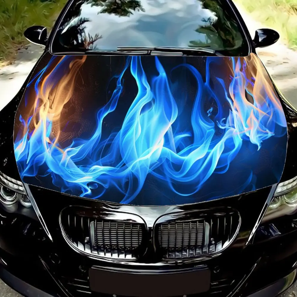 Blue Fire Burning Flame Light Car Hood Wrap Color Vinyl Sticker Truck Graphic Bonnet DIY Auto Accessories Decoration Decal Gift