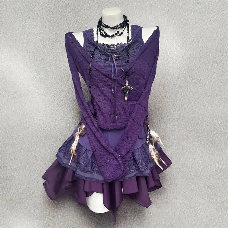 

japonais Y2k rétro couleur unie Cardigan Camisole haut décontracté taille haute jupe courte été Harajuku Style 3 pièces ensembl