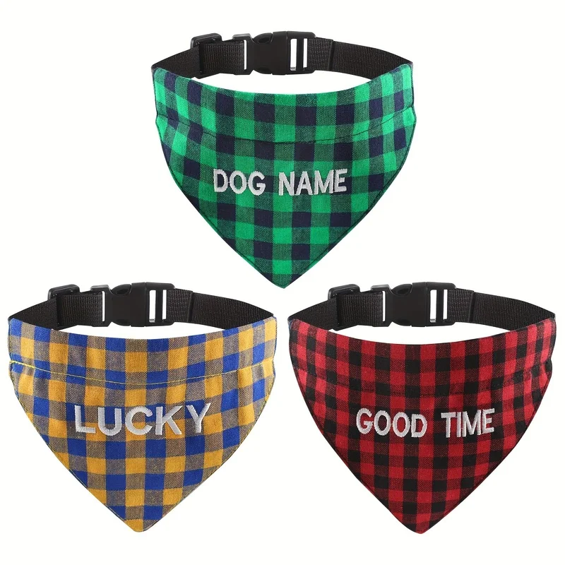 Personalized Embroidered Pet Bandana Custom Name Dog Cat Triangle Scarf Adjustable Pleated Collar with Quick Release Buckle