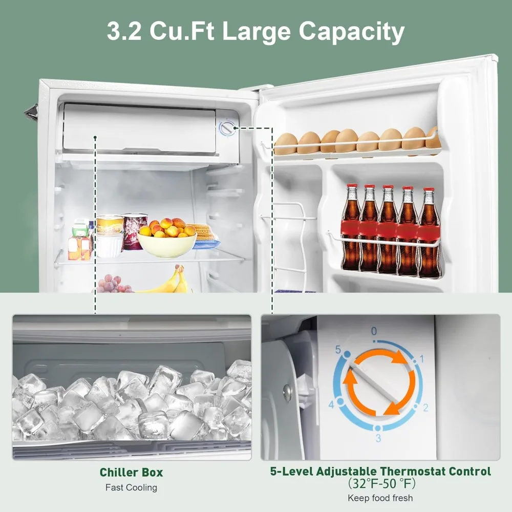 Мини-холодильник с морозильной камерой 3,2 куб. фута — компактный холодильник с 5-уровневым регулируемым термостатом — небольшой холодильник с одной дверью для