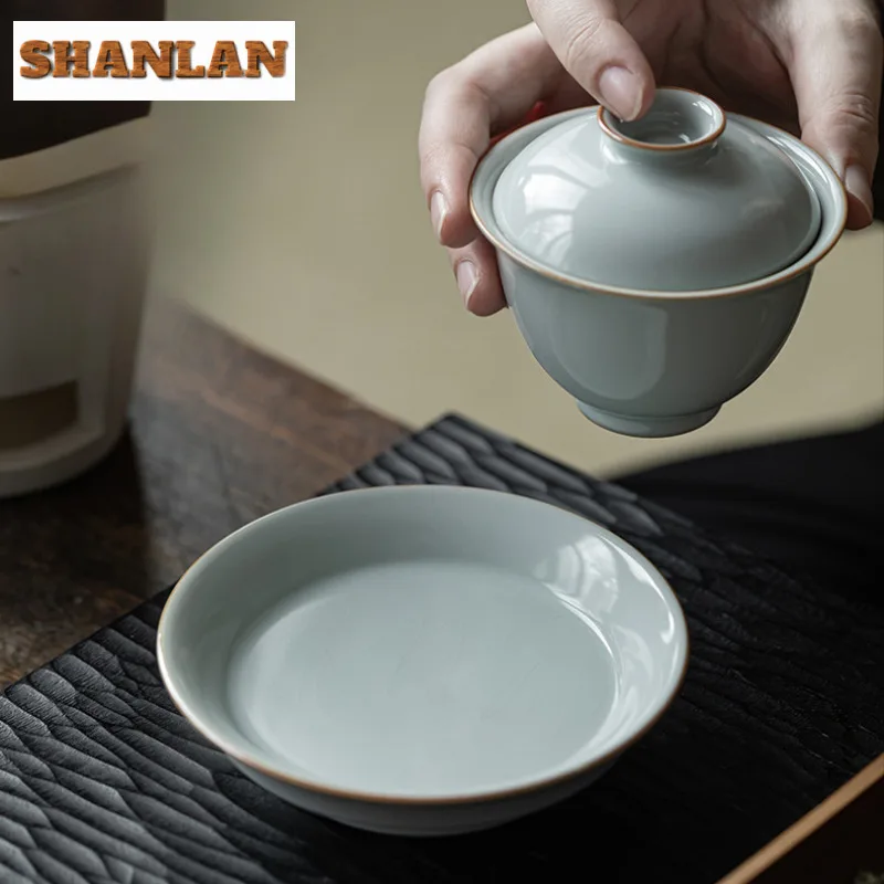 

Ru Kiln High Footed Teapot Bearing Holder Handmade Azure Ceramic Dry Soaking Table Water Storage Pot Base Fruit Snack Plate Gift