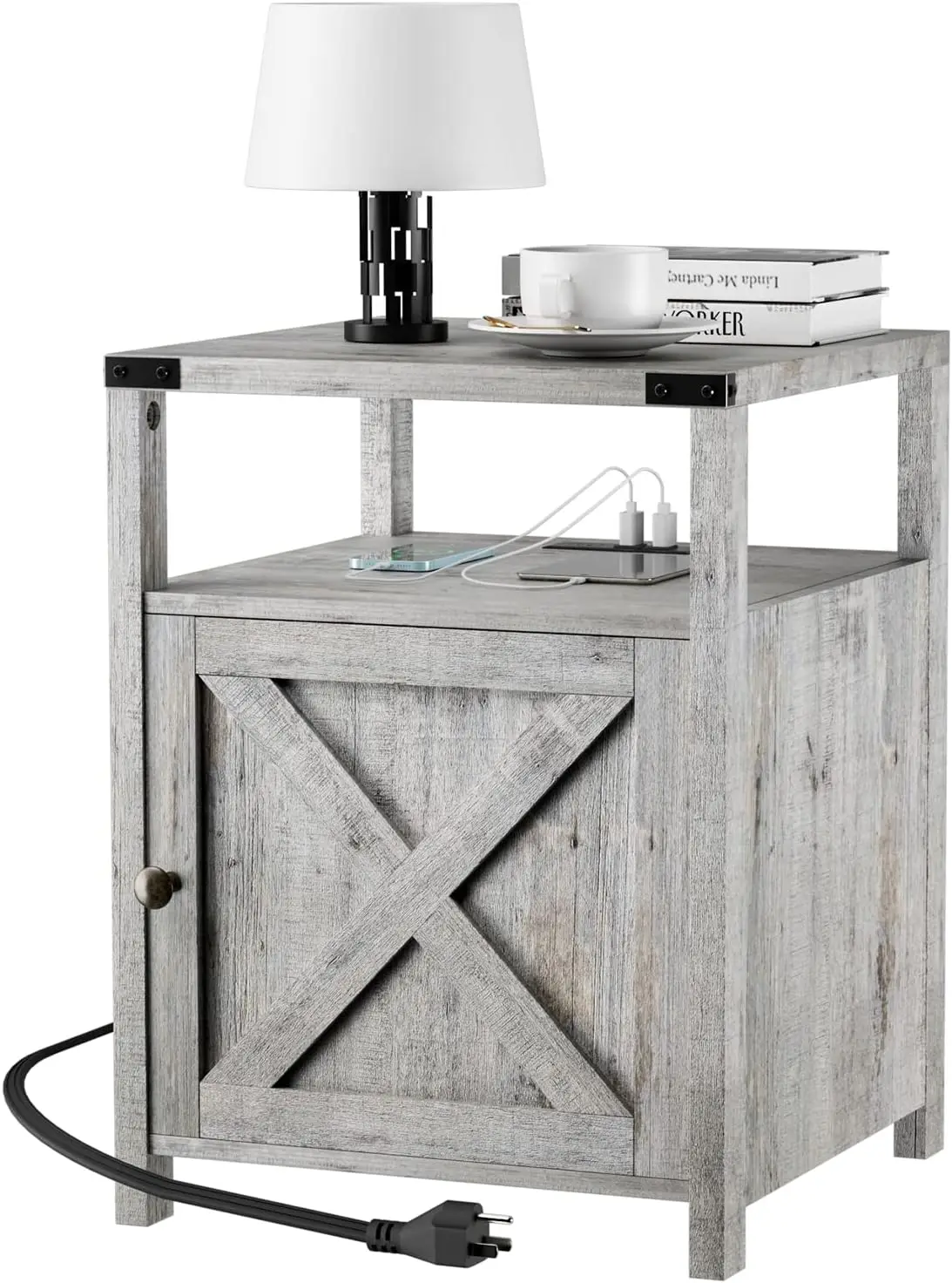 with Charging Station, Grayish White End Table Bedroom with Storage Living Room Side Table Beige Night Stand Industrial