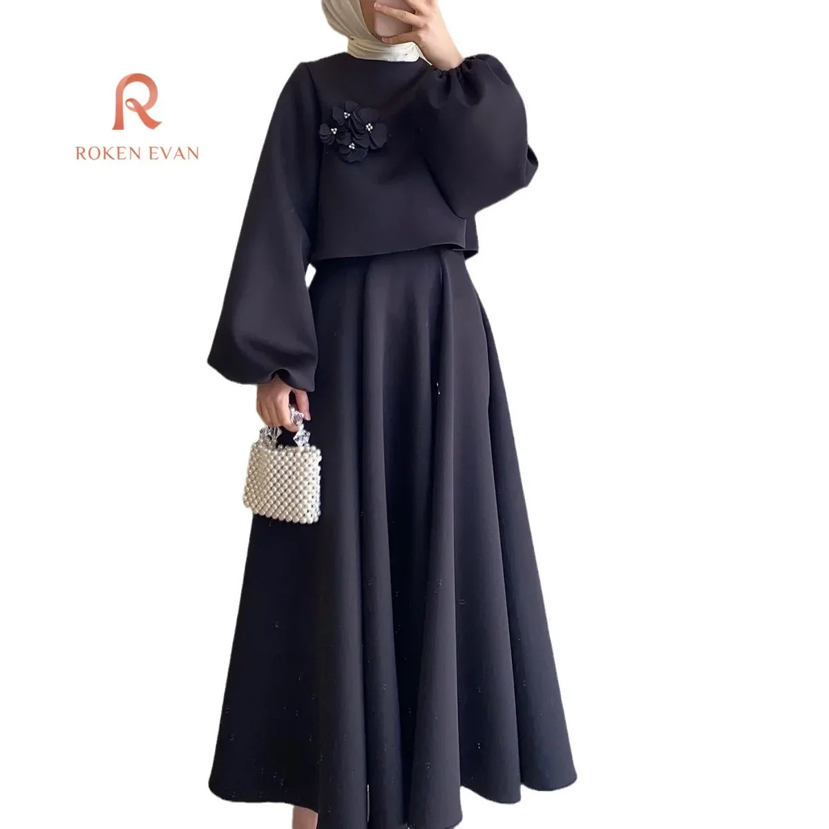 ROKEN EVAN 2024  Autumn New Middle East Dubai Flower Lantern Sleeve Loose Dress Women's Dress Set Two-piece Set