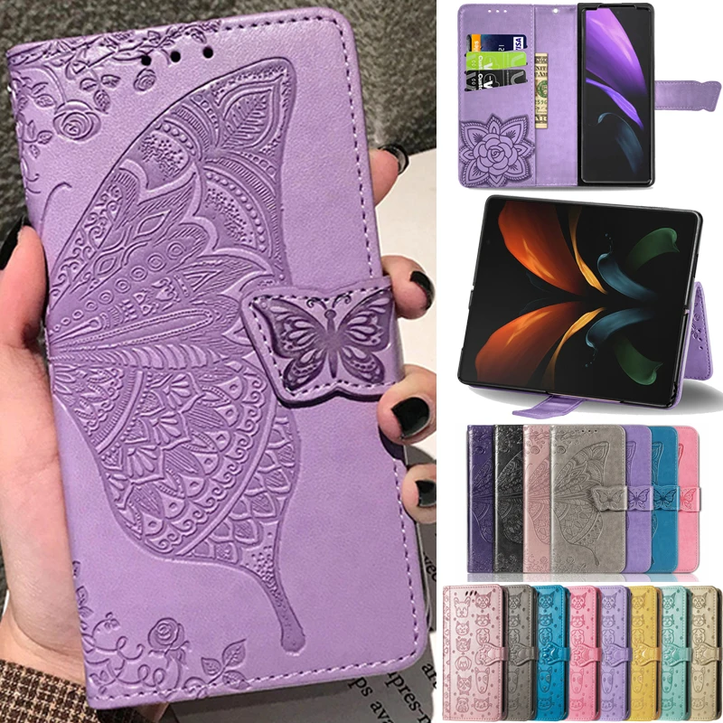 For Samsung Galaxy Z Fold 4 Cute Flower Butterfly Embossed Leather Case Cover Fundas Z Fold 3 With Card Holder Wallet Fold Cover