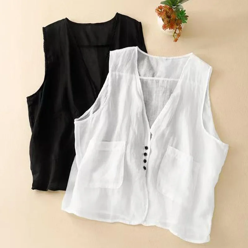

Summer Lightweight V-Neck Sleeveless Single Button Loose Fit Fashionable Vest Top Women's Outerwear Polyesther Fiber 100%