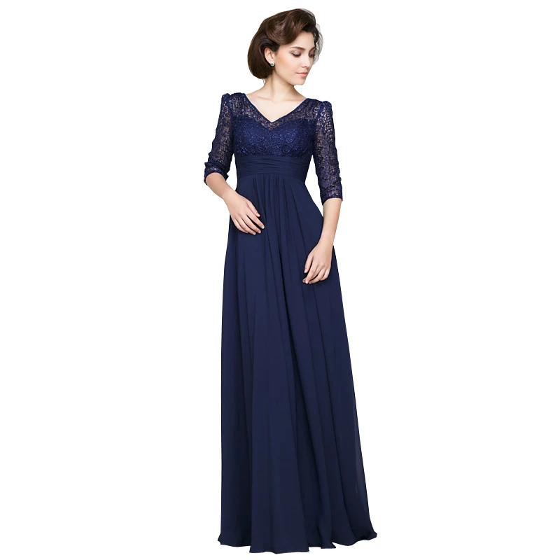 Customized Lace Chiffon Mother of the Bride Dress V Neck 3/4 Sleeves Empire Waist Navy Blue Floor Length Wedding Party Gowns