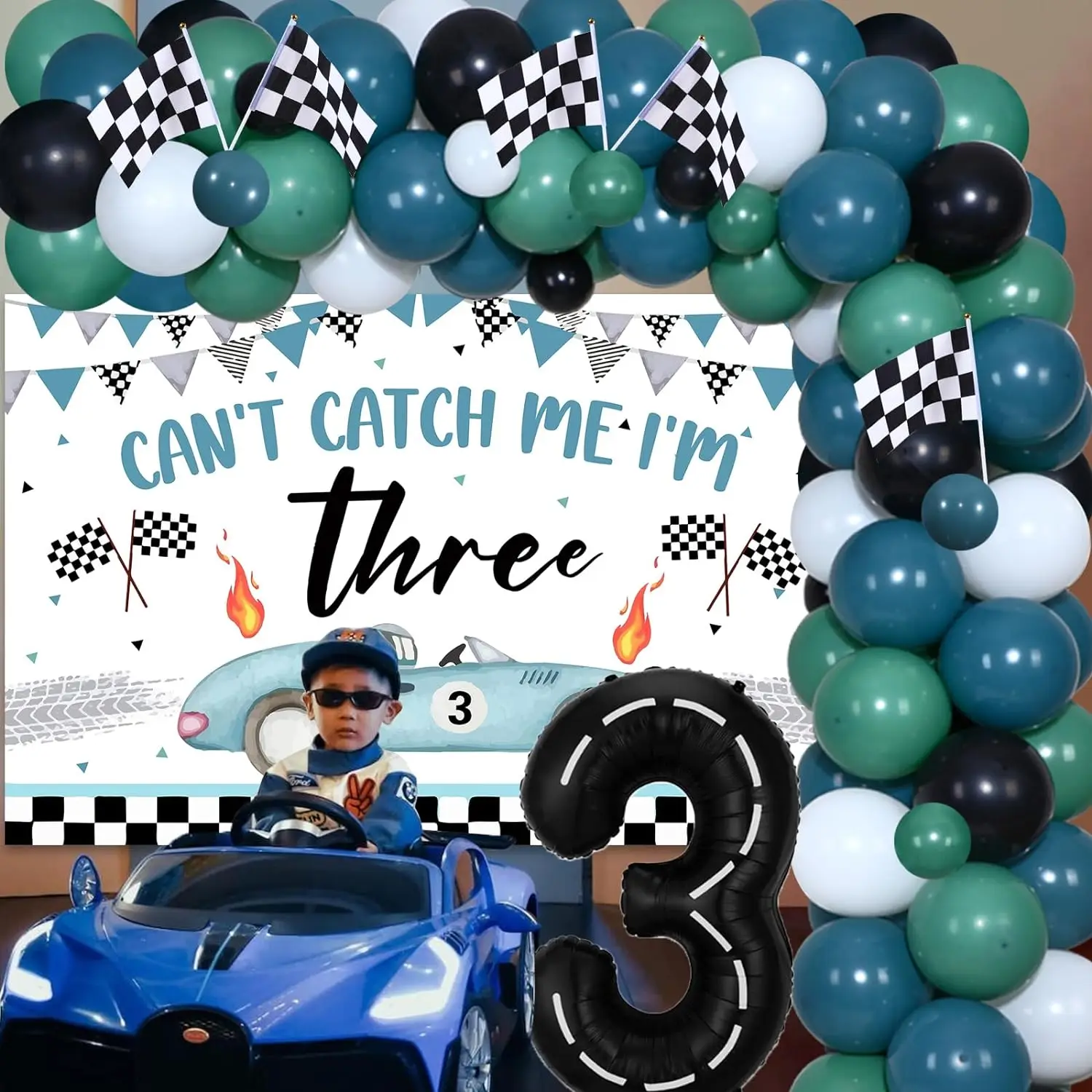 Vintage Race Car 3rd Birthday Decor Boys Balloons Arch Garland Kit with Can't Catch Me I'm Three Backdrop Checkered Flags