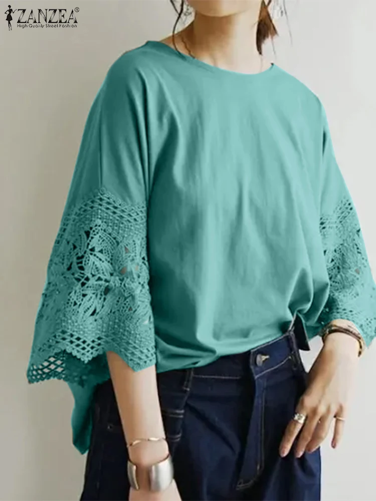 

ZANZEA Holiday Solid Slit O-neck Tops Chic Lace Stitching Blouse Women 2024 Summer Fashion 3/4 Sleeve Tunics Casual Loose Shirt