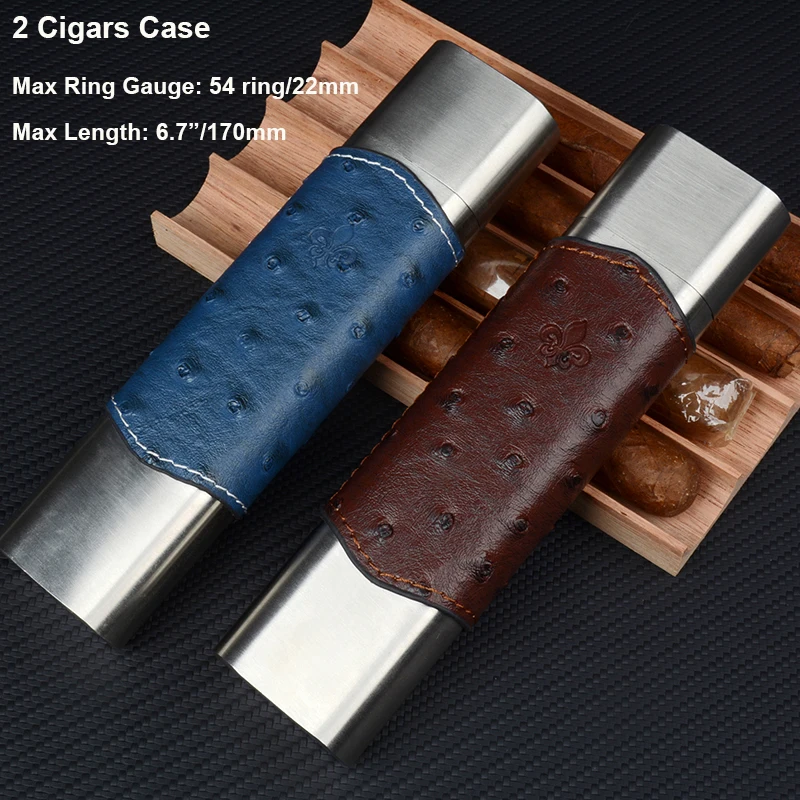 

PU Leather Cigar Case 54 Ring Stainless Steel Cigar Holder 6.7" Long Mini Cigar Box 2 Tube Travel Cigar Humidor Accessory