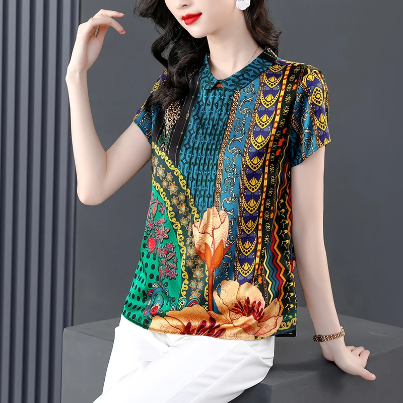 

2023 Summer Silk Printed Women's Shirt Fashion Printed T-shirt Silk Silk Silk Doll Neck Slim Short Sleeve Thin Top