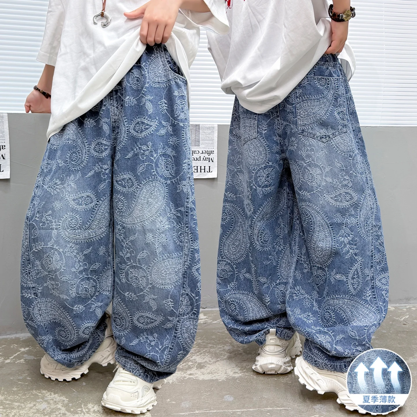 

New Items Vintage Boys Paisley Denim Jeans Ages 6-14Y Teen Casual Y2k Street Style Bottoms Kids Toddler Fashion Long Pants