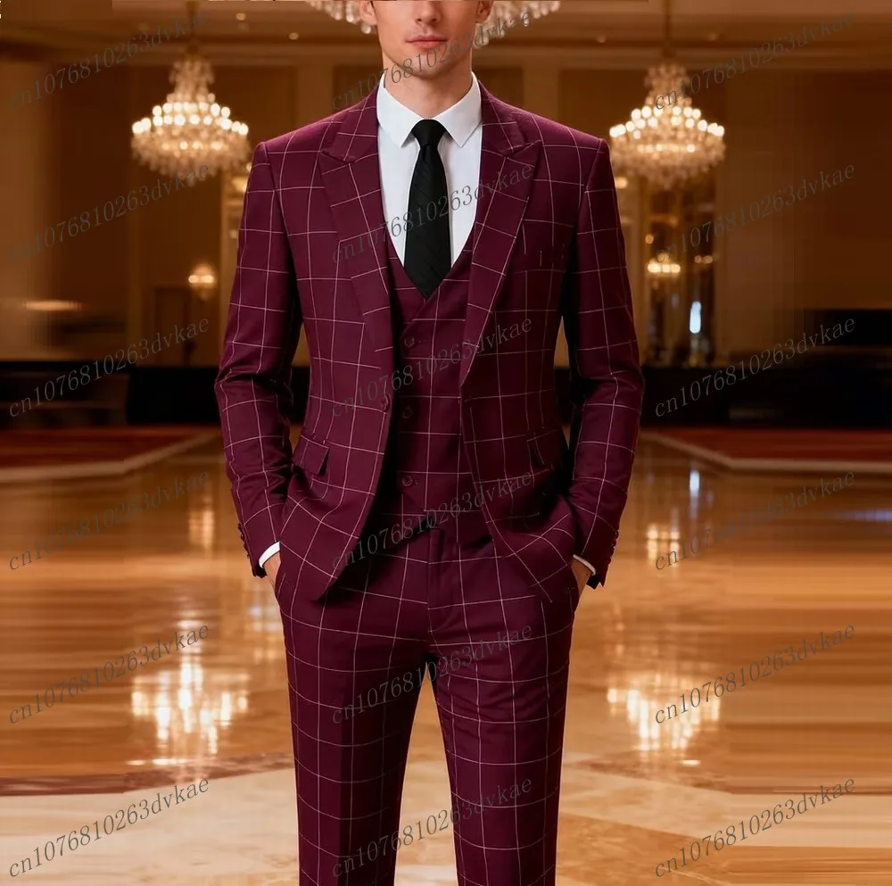 

Новый бордовый сетчатый мужской костюм для жениха, жениха, свадебной вечеринки, деловой мужской смокинг для выпускного вечера, комплект из 3 предметов, пиджак, жилет, брюки