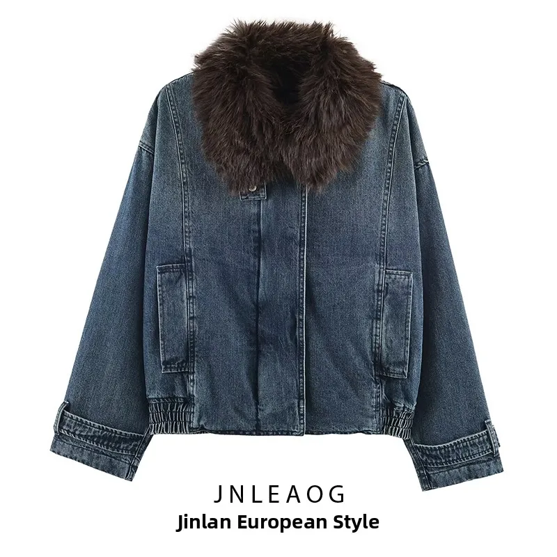 

Faionable Versatile Denim Pilot Jaet Outerwear JNLEAOG Women's Autumn New Sle Long Sve Zipper Closure Stand Fit