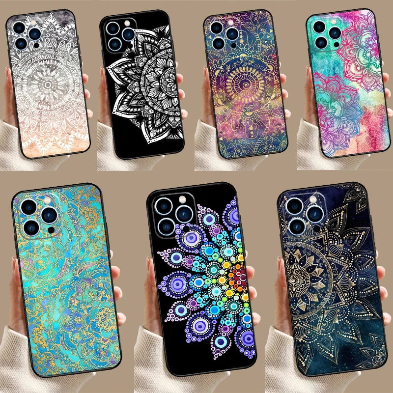 Eleganckie etui Mandala Floral Design Case dla iPhone 14 13 12 11 15 16 Pro Max Mini X XR XS Max 8 7 14 15 16 Plus Cover Funda