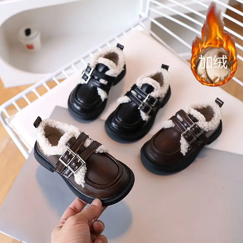 

Kids Leather Shoes Winter British Style Warm Plush Girls Shoes Fashion Thicken Children Loafers Soft Sole Student Cotton Shoes