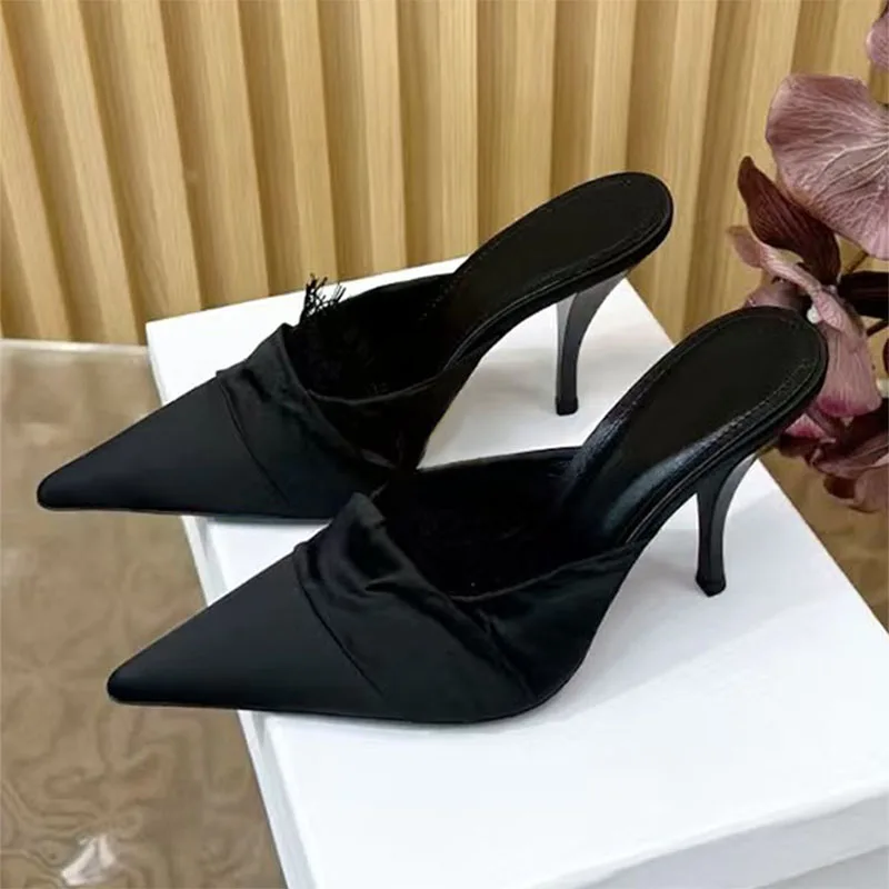 

Pointed Toe High Heels Slippers Woman Black White Satin Pleated Runway Shoes Women Summer Slides Heeled Slippers Women