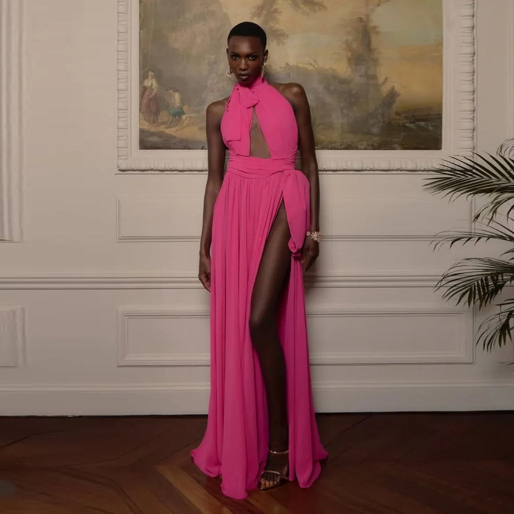 Nuovi abiti lunghi rosa brillante Couture Abito da ballo sexy drappeggiato Abiti da ballo in chiffon senza maniche con scollo all'americana Una linea lunga con spalle scoperte