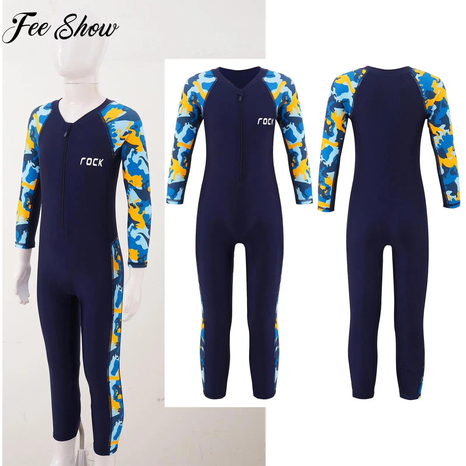 Kids Boys One-piece Swimsuit Long Sleeve Camouflage Print Full Body Swimwear Bathing Suit Surfing Jumpsuit Athletic Swimwear