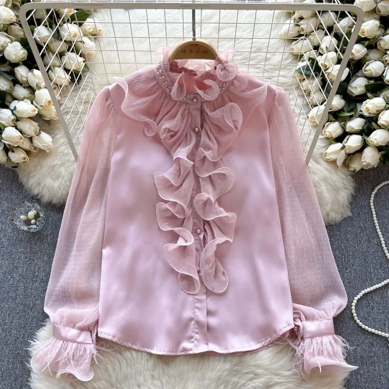 Hikigawa Chic Fashion Women Ruffled Pleated Slim All Match Chiffon Shirts Solid Vintage Puff Sleeve Elegant Blouse Tops Mujer