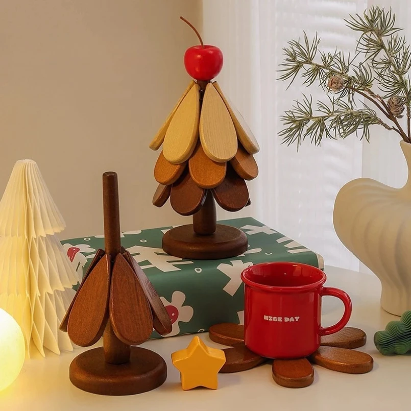 

Wooden Trivets for Hot Dishes Folding Tree Shape Black Walnut Table Mat Holders Heat Insulated Pad Set Coasters for Pots