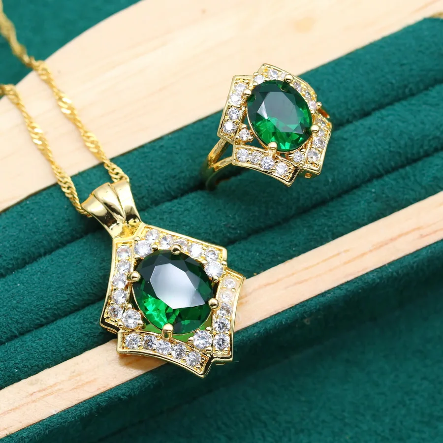 Luxurious Green Zircon Gold Color Jewelry Sets for Women Wedding Bracelet Earrings Necklace Pendant Open Ring Dating Gift