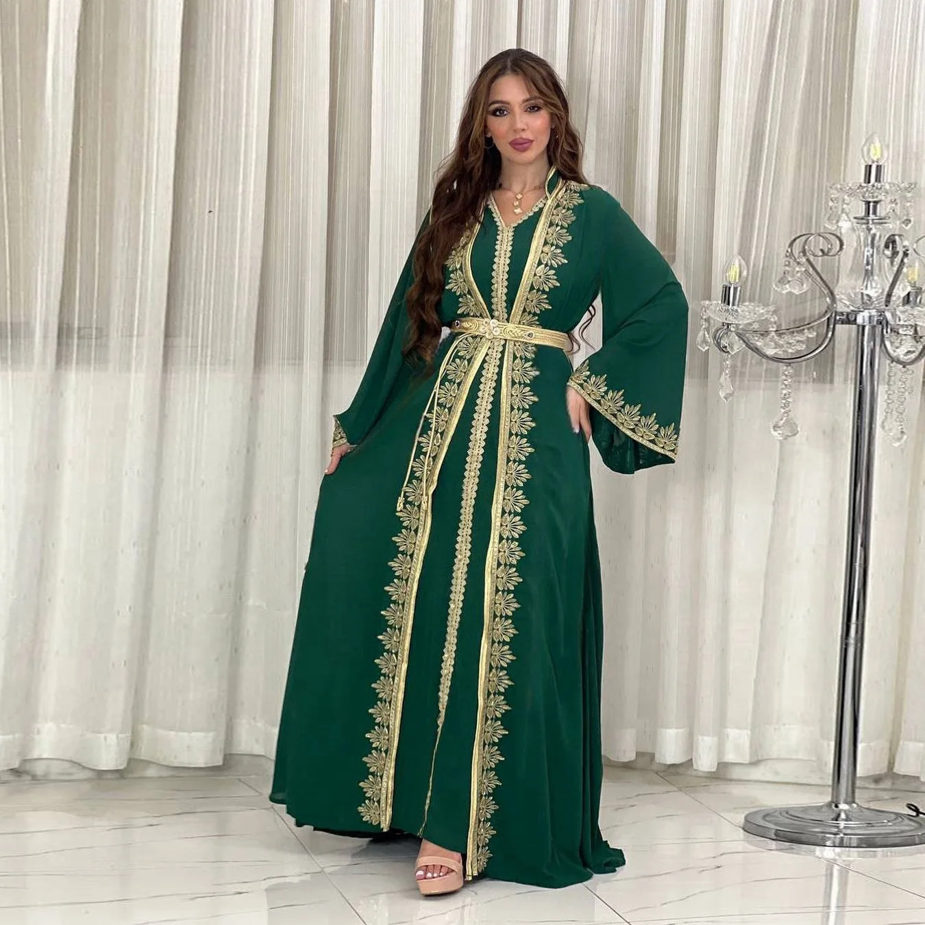 Sukienka muzułmańska dla kobiet, Ramadan Arab, Bliskiego Wschodu, Luksus, Szata ze wstążką, Islamska szata, Nowa moda, 2-częściowy zestaw