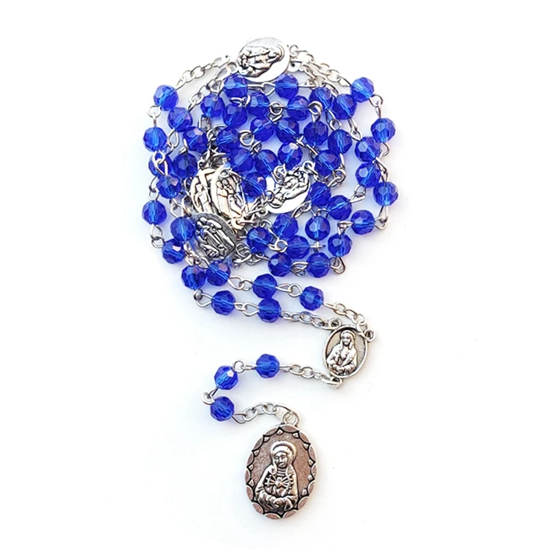 Seven Sorrows Crystal Beaded Rosary Necklace For Women Catholic Pray Pendant  Jewelry Red White Pink Blue