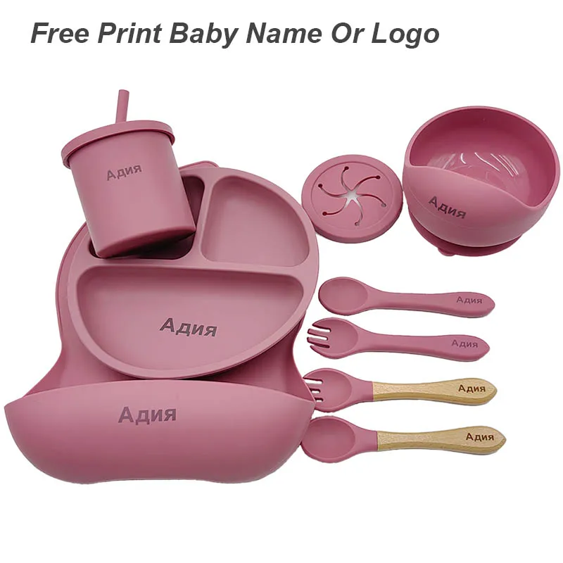 11Pcs Baby Feeding Set Personalized Name Children\'s Tableware Suction Cup Plates Bowl Newborn Feeding Accessories Gift For Girl