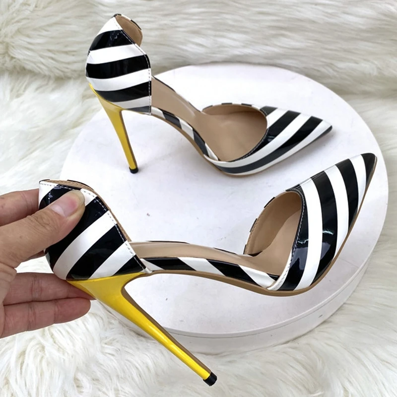 

New Black And White Stripe Style Women Sexy Banquet Shoes Pointed Toe Shoes Simple Slip On Pumps 8cm/10cm/12cm High Heels C004