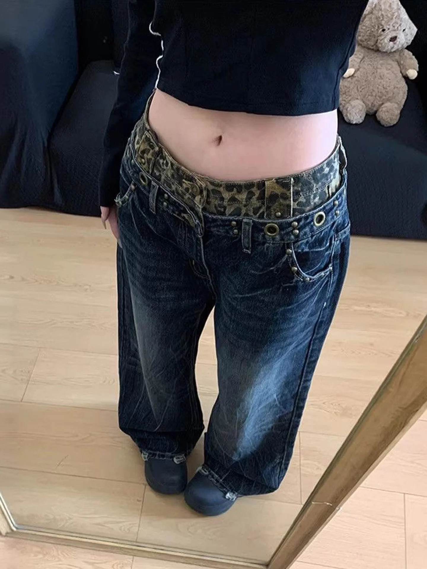 

American Style Leopard Print Loose Straight Leg Jeans Women's Summer New Splicing Double Waist High Waist Slimming Long Pants