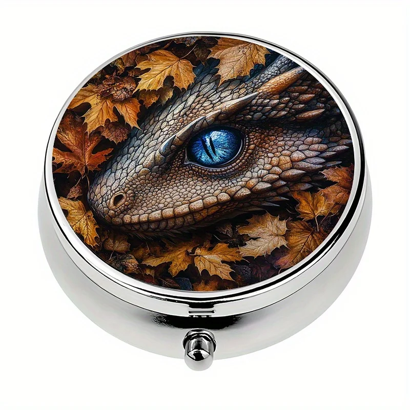 1 pill box with 3 compartments, autumn longan scene, mini pill container, pill organizer, decorative metal storage box for storing medicines and vitamins
