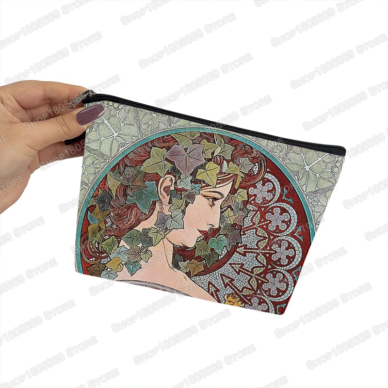 Alphonse Mucha Print Cosmetic Case Oil Painting Makeup Bag Women Outdoor Multifunction Travel Cosmetic Bag Toiletry Bags Gift