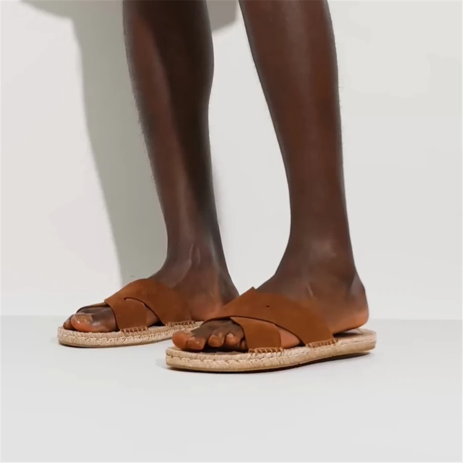 Espadrille en daim pour hommes, sandales de marche de luxe pour hommes, chaussures plates entrecroisées, cuir véritable et tissé, haute qualité, nouveau, 2024