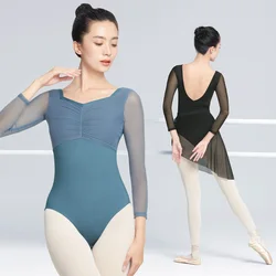 Ballet Leotards for Women Adult Gymnastics Yoga Ballerina Dance Bodysuits Patchwork Mesh Long Sleeve Square Collar Leotards