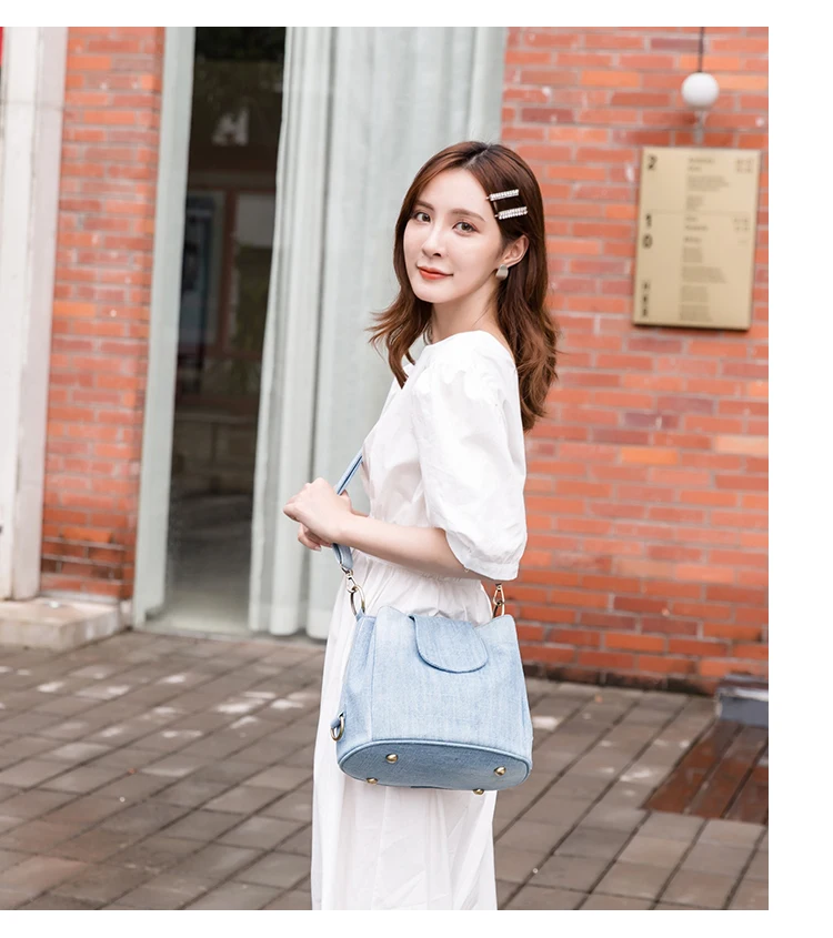 JUCHRZEY Borsa a secchiello in denim con motivo a rombi Borsa a tracolla da donna con coulisse Borsa Jean con tracolla regolabile Borsa hobo Borsa da viaggio
