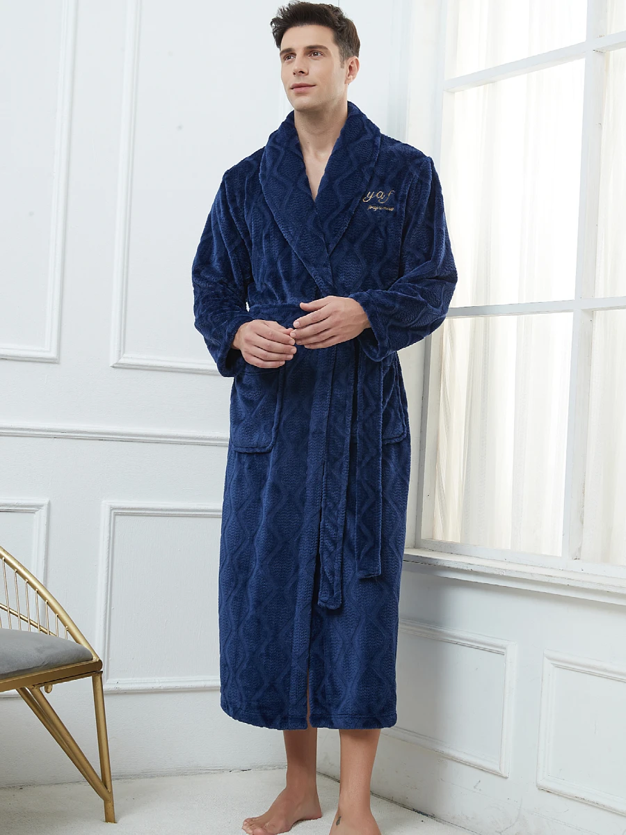 Thickened Sleepwear Kimono Bathrobe Men Flannel Winter Warm Coral Fleece Shower Robe Loose Home Wear Nighwtear Plus Size 3Xl 4Xl