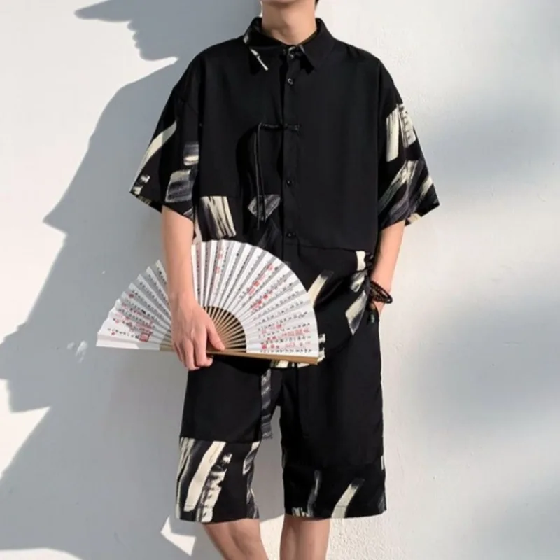 

Мужской летний комплект больших размеров в китайском стиле: рубашка с коротким рукавом в стиле туши и легкие шорты из ледяного шелка