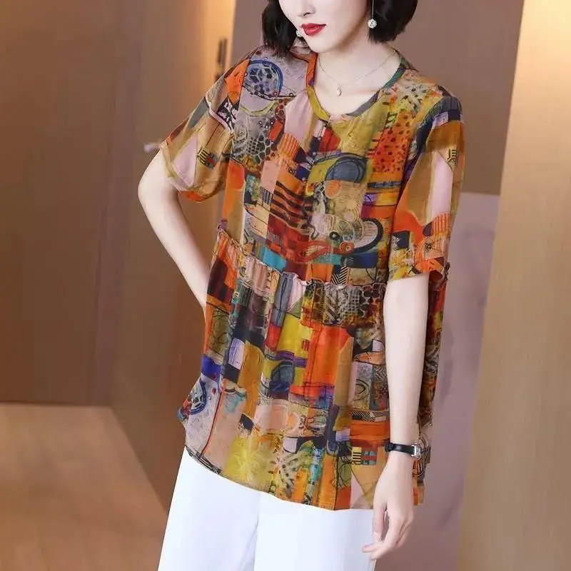 Vintage Printed O-Neck Spliced Loose Blouse Women's Clothing 2023 Spring New Oversized Casual Pullovers Commute Shirt