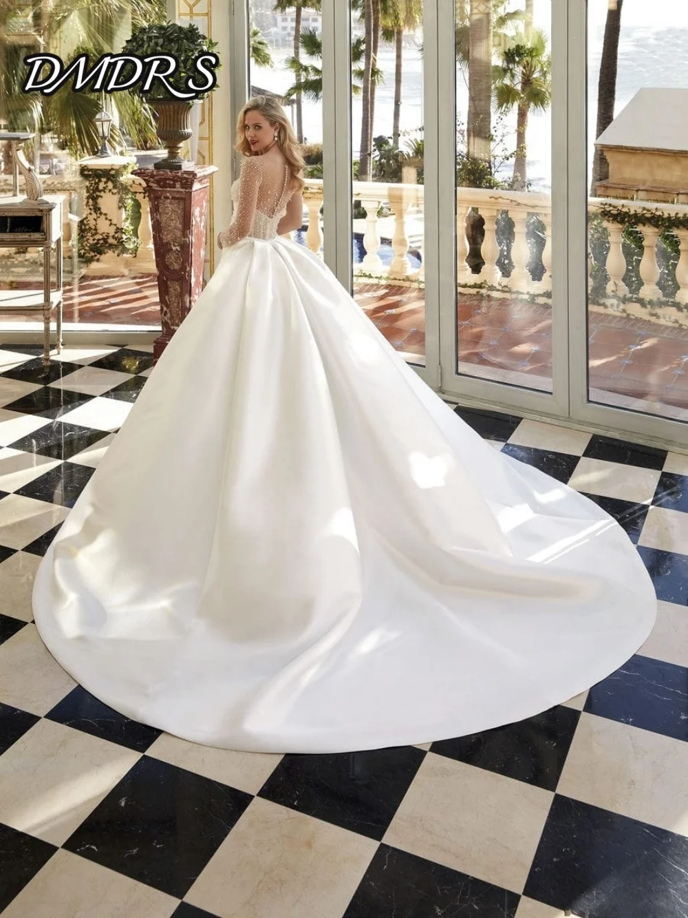 Stilvolle Langarm-Brautkleider Romantische A-Linie Brautkleider Elegante bodenlange Brautkleider aus Satin Vestidos De Novia