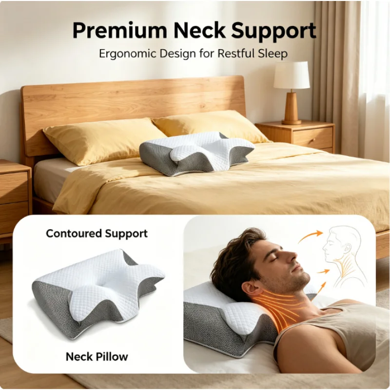 Almohada Cervical para Dormir en Casa, Almohada de Espuma Viscoelástica con Forma de Mariposa, Ortopédica, para Masaje Cervical en Todas las Posiciones