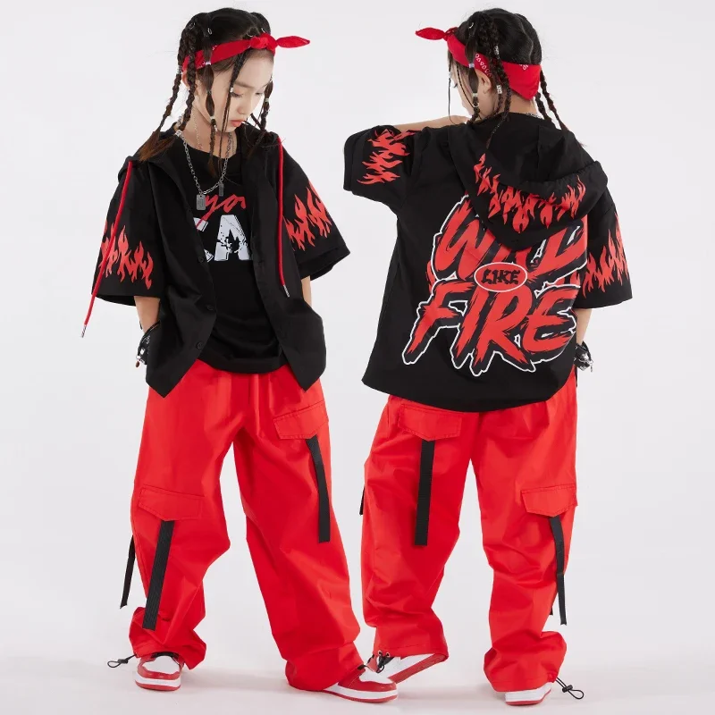 Ropa de actuación de baile moderno para niños, ropa de calle para niños, disfraz de baile de Hip Hop, camiseta negra suelta, pantalones rojos para niñas