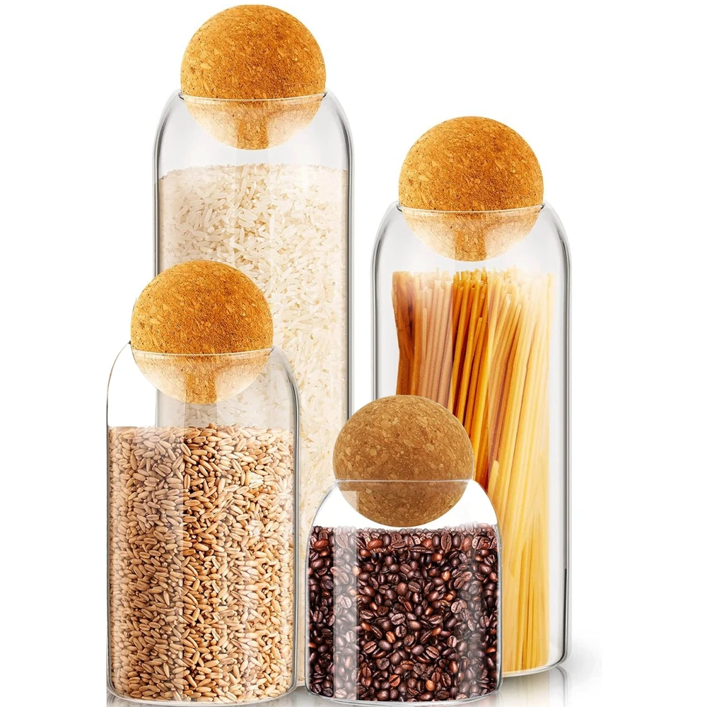 Glass Storage Containers with Ball Cork Cute Decorative Organizer Bottle Canister Jar with Wood Lid for Food Coffee Glass Bottle