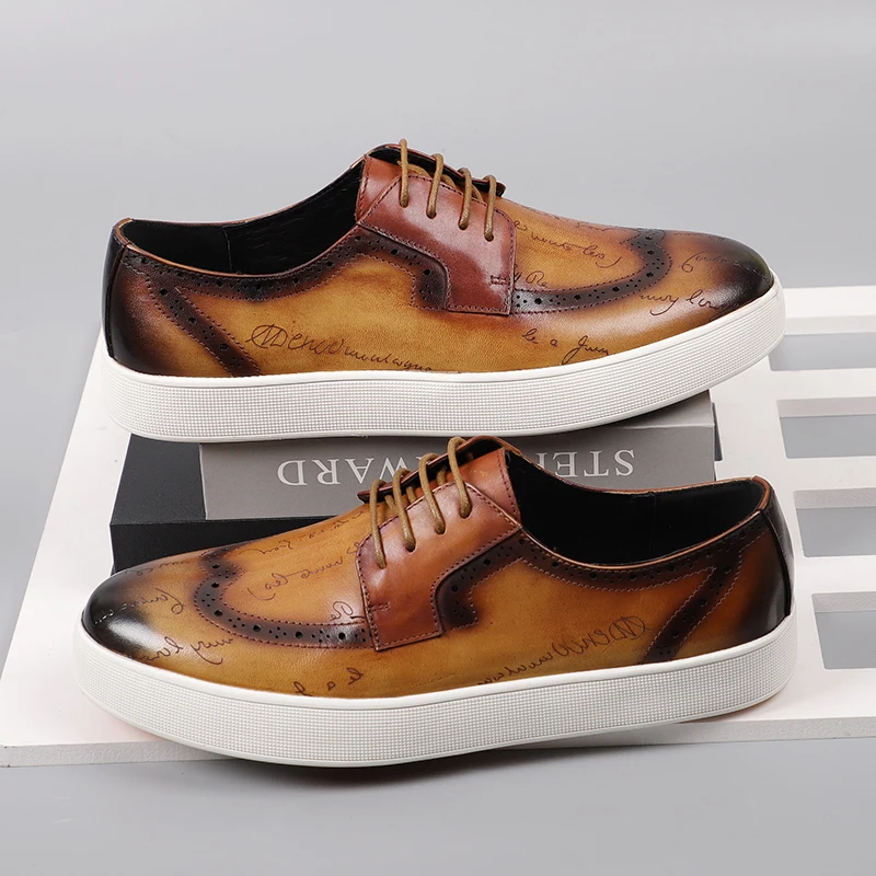 

Мужская повседневная обувь из натуральной кожи на шнуровке, броги с рукописными узорами, подходящая для повседневного ношения и повседневного спорта