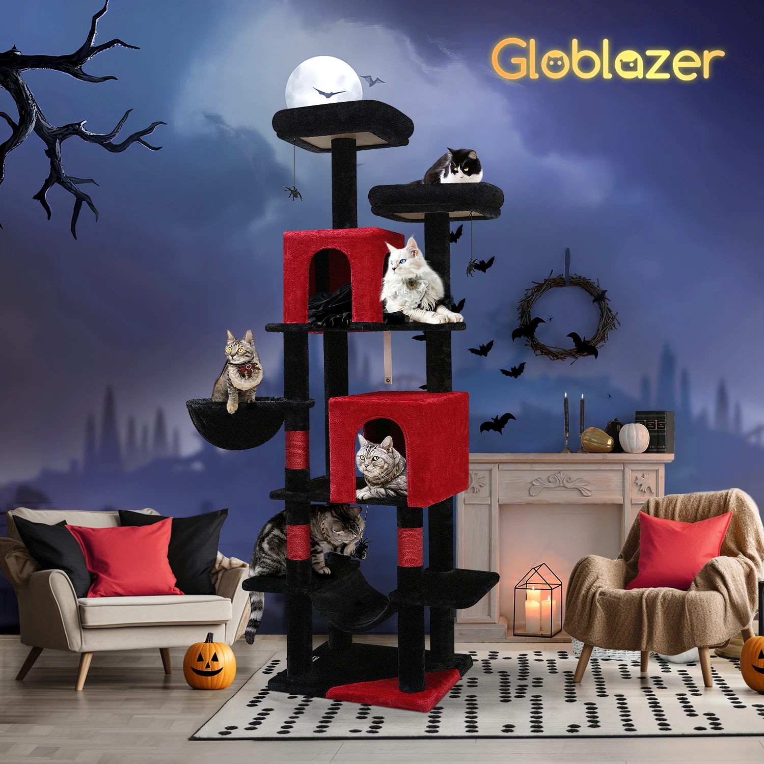 

F69 Gothic Cat Tree, 69inch Tall Goth Cat Tree for Indoor Cats Large Adult, Red and Black Cat Tree Tower, Halloween Cat Tower