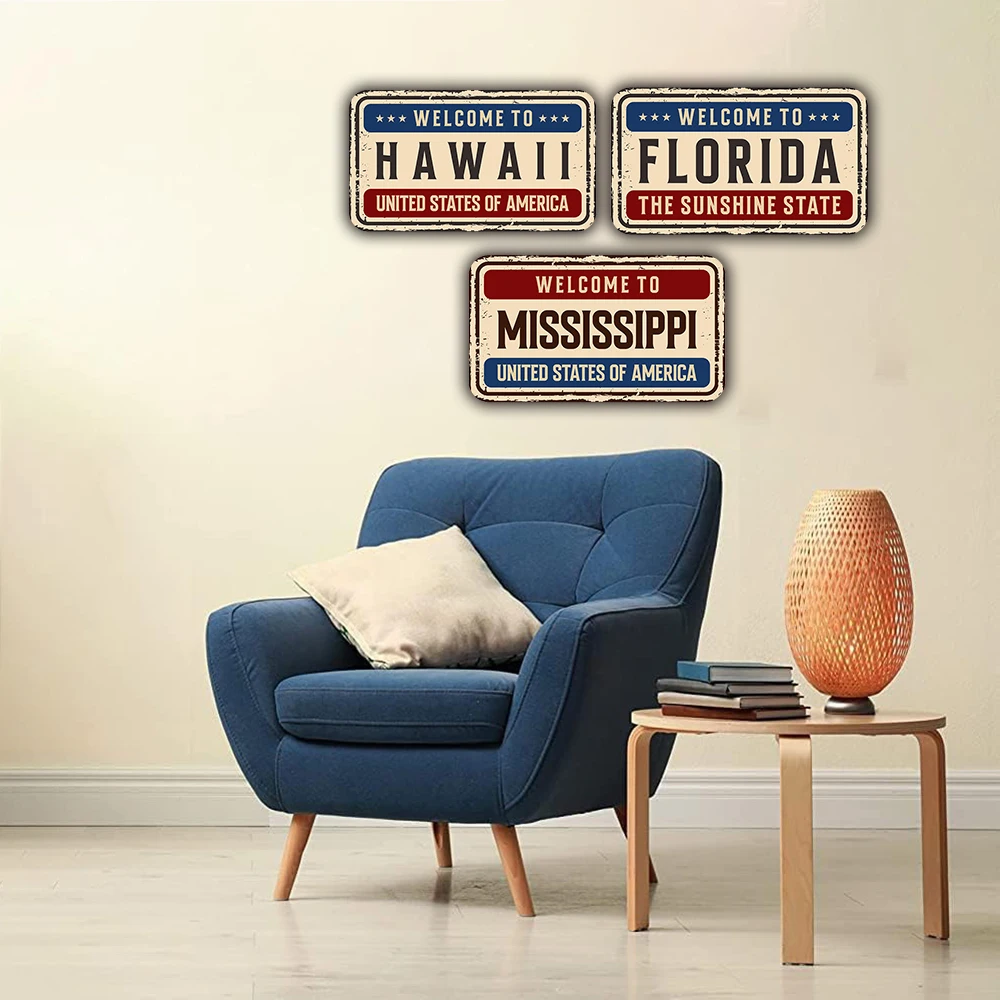 American  States  Plate Metal Tin Signs Vintage Hawall and Florida  Metal Poster Wall Decor for Garage Bar Pub Moto Club